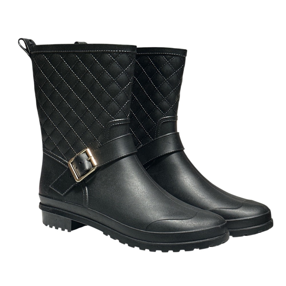 Capelli New York Womens Black Quilted Rain Boots Gold Buckle Size 8 Waterproof